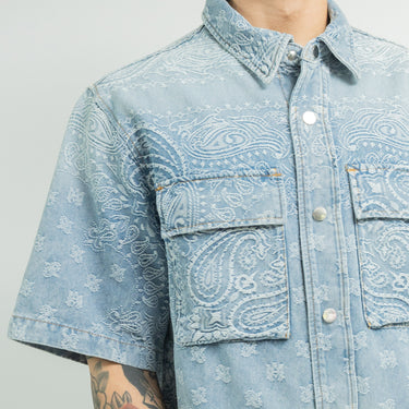 Amiri Bandana Jacquard Snap Short Sleeve Shirt Perfect Indigo