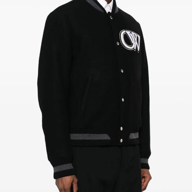 Off White Wool Varsity Bomber Black White