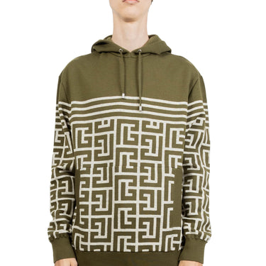 Balmain Monogram Stripe Knit Hoodie Khaki/Ivory